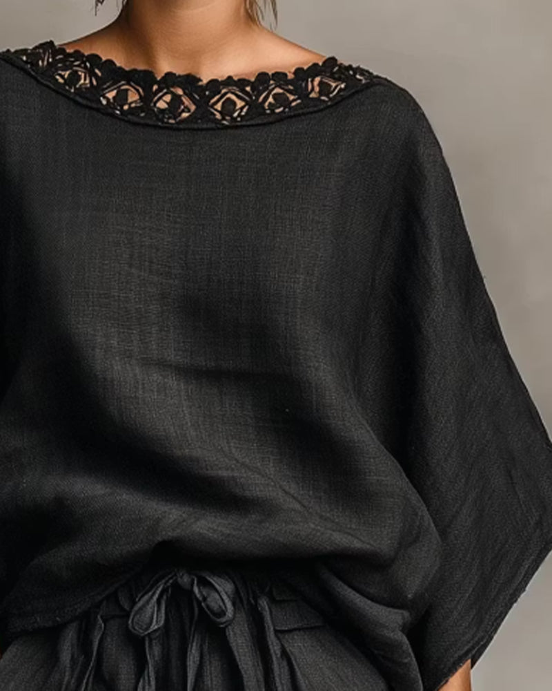 Ensemble Col Rond Dentelle Patchwork Décontractée