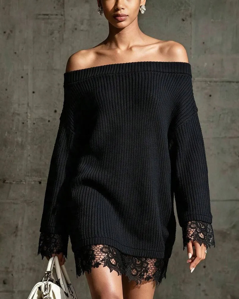 Robe Pull Col Dégagé Côtelé Dentelle Patchwork