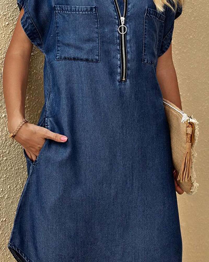 Robe Fermeture Éclair Col Manches Courtes Chemise