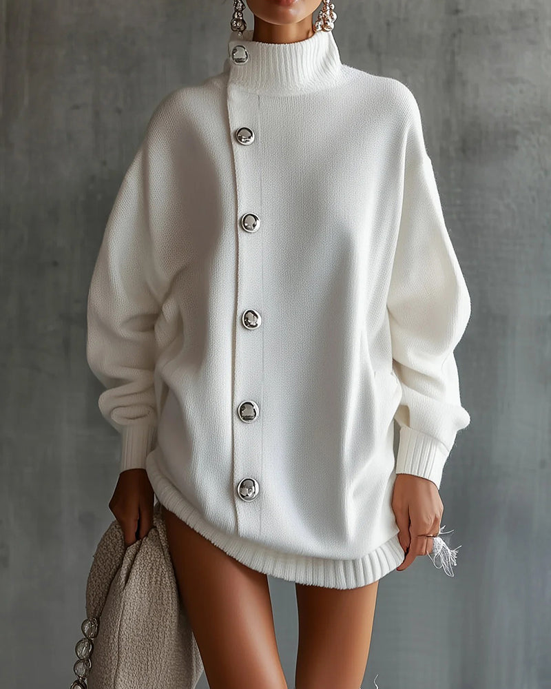 Robe Pull Bouton Unie Manche Longue