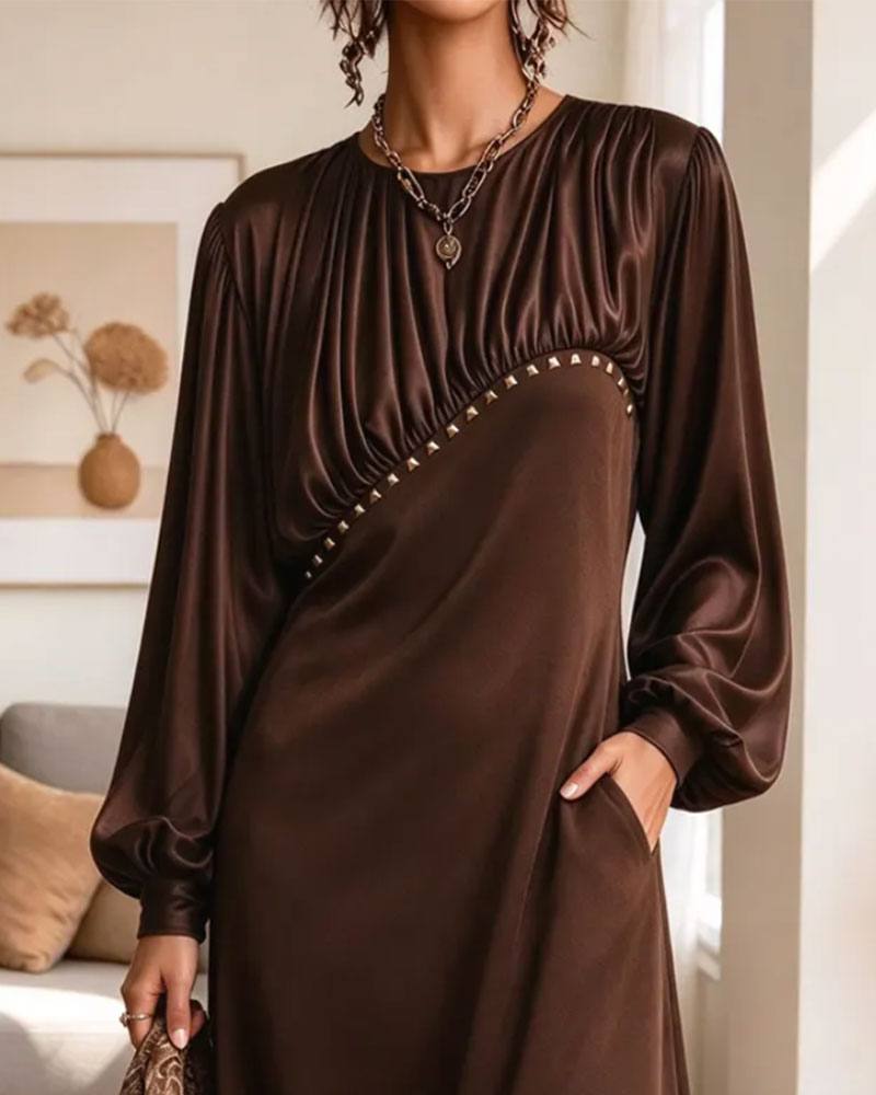 Robe Col Rond Plissé Manche Bouffante Poche