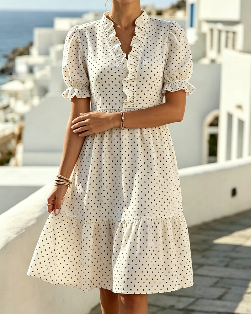 Robe Col V Dentelle Garniture Polka Dot