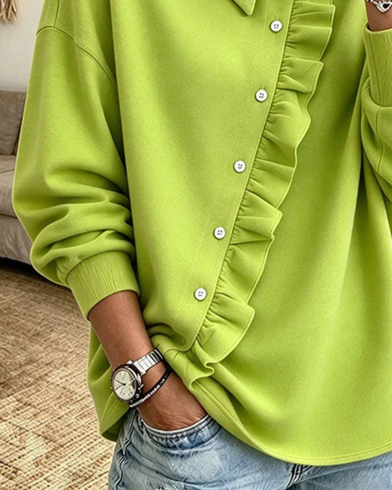 Sweat-Shirt Revers Volants Bouton Diagonal