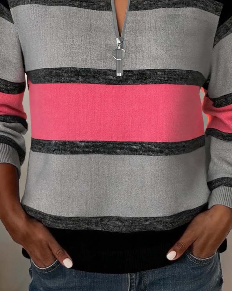 Sweatshirt Fermeture Éclair Rayé Manches Longues