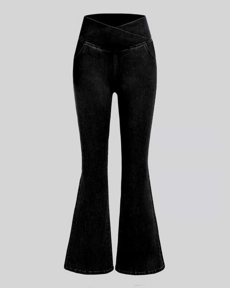 Pantalon Haute Élasticité Mode Poche Évasé