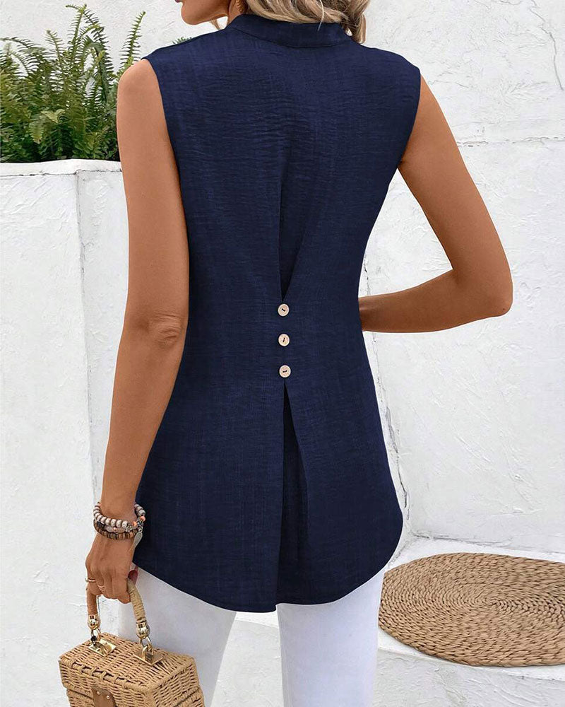 Débardeur Col Mandarin Dos Fente Bouton Sans Manches