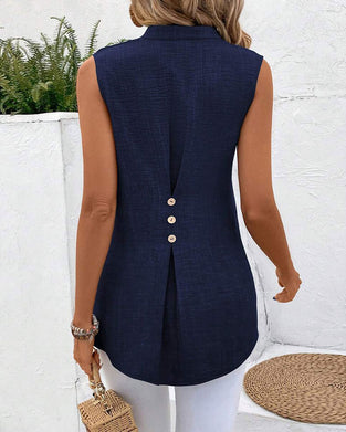 Débardeur Col Mandarin Dos Fente Bouton Sans Manches