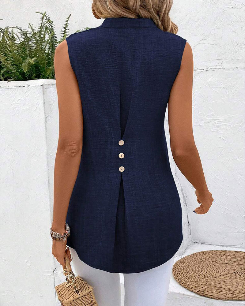 Débardeur Col Mandarin Dos Fente Bouton Sans Manches