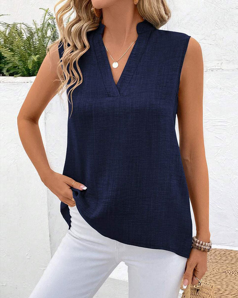 Débardeur Col Mandarin Dos Fente Bouton Sans Manches