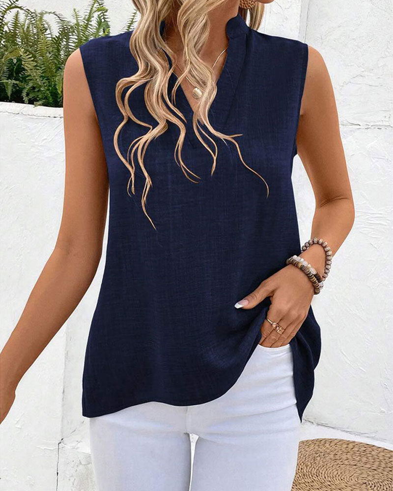 Débardeur Col Mandarin Dos Fente Bouton Sans Manches