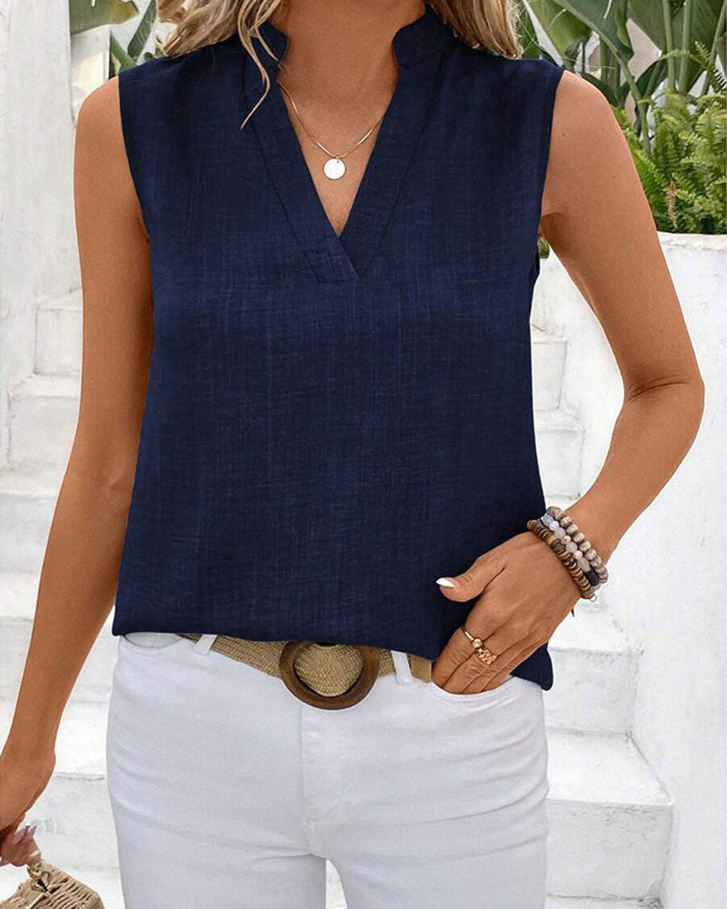 Débardeur Col Mandarin Dos Fente Bouton Sans Manches