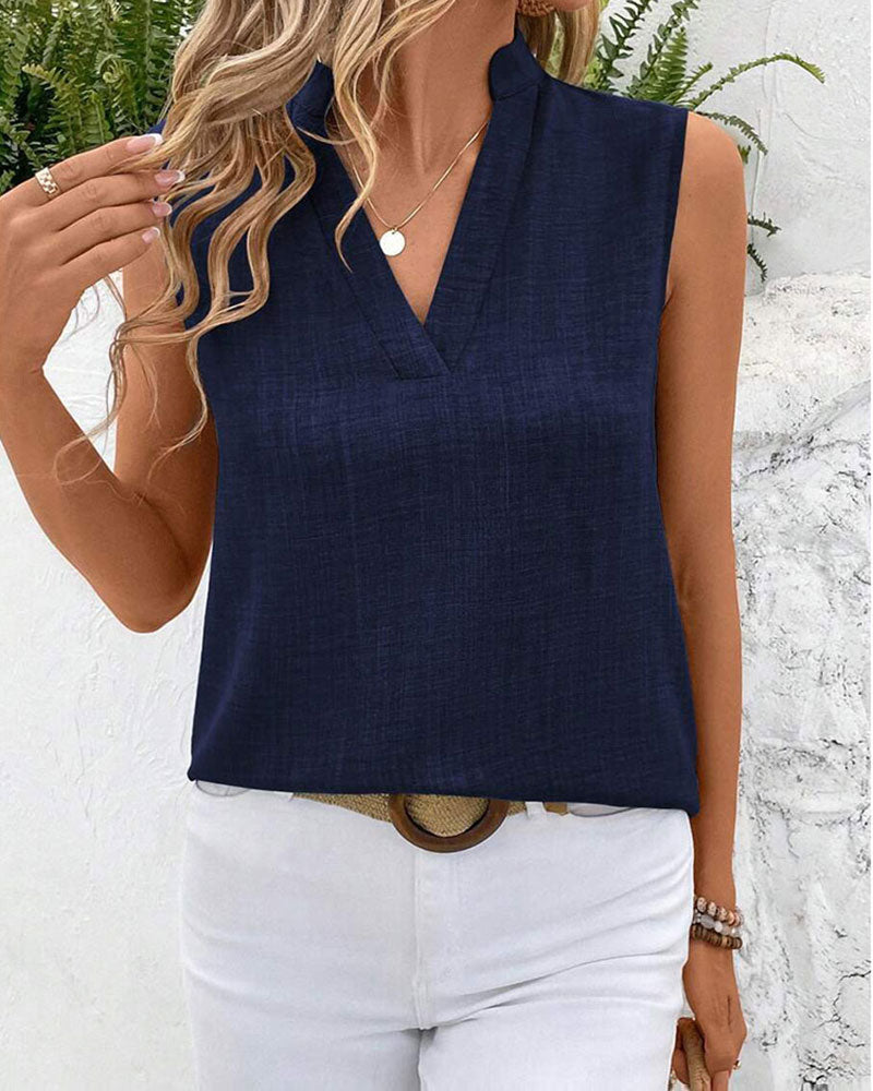 Débardeur Col Mandarin Dos Fente Bouton Sans Manches