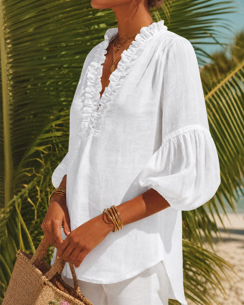 Blouse Volant Bord Manches Ballon Col En V