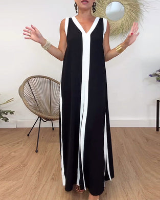 Robe sans manches à col en V à imprimé contrasté à la mode