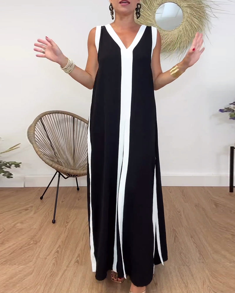 Robe sans manches à col en V à imprimé contrasté à la mode