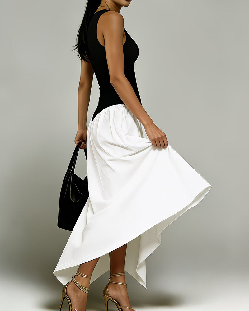 Robe Col Rond Sans Manches Patchwork Irrégulier