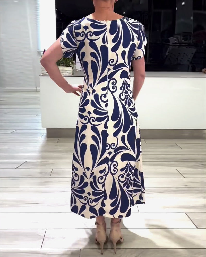 Robe élégante à manches courtes et imprimé contrasté