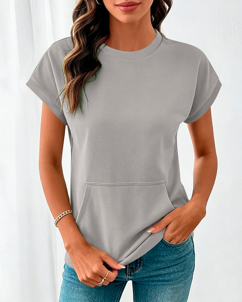 Blouse Poche Devant Unie Col Rond