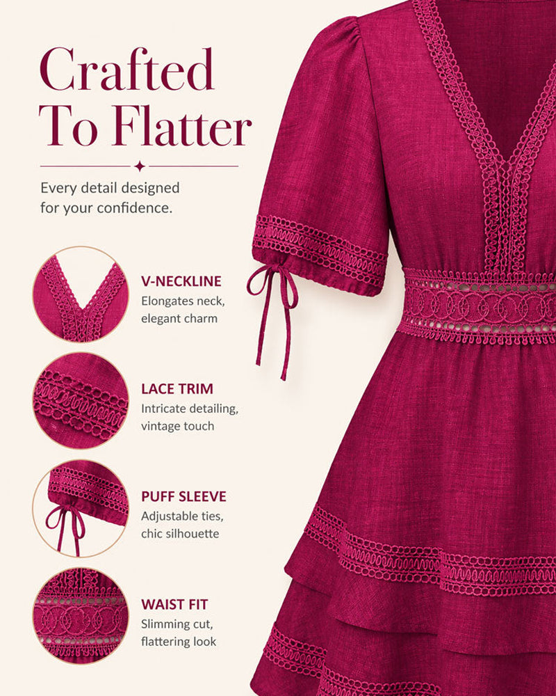 Robe Col V Superposée Unie Dentelle Patchwork