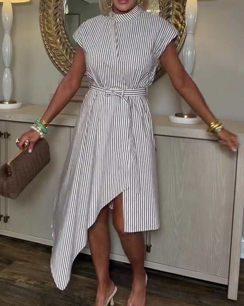 Robe Rayure Verticale Ceinturée Chemise