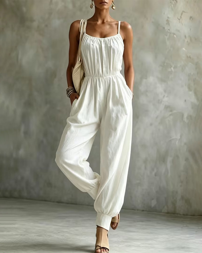 Jumpsuit Bretelle Spaghetti Plissé Cintré Jambe Large