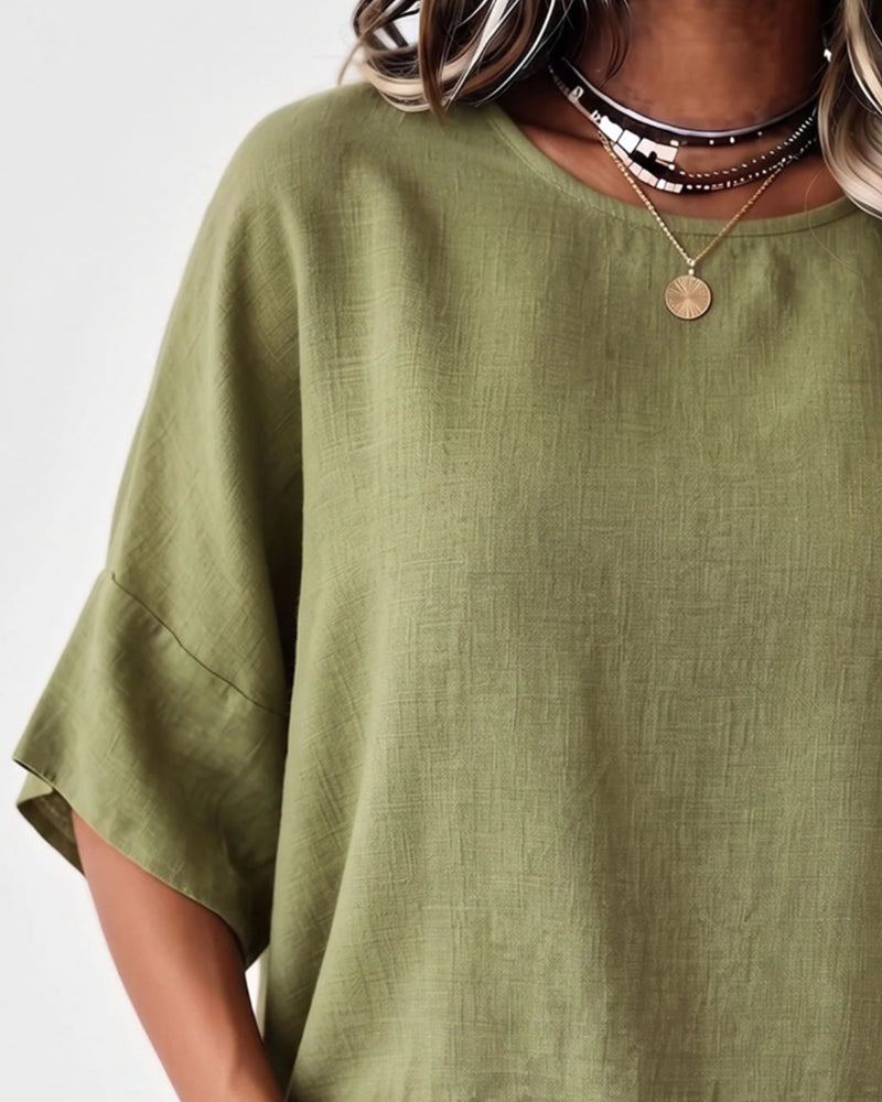 Blouse Col Rond Frange Manche Coude Unie