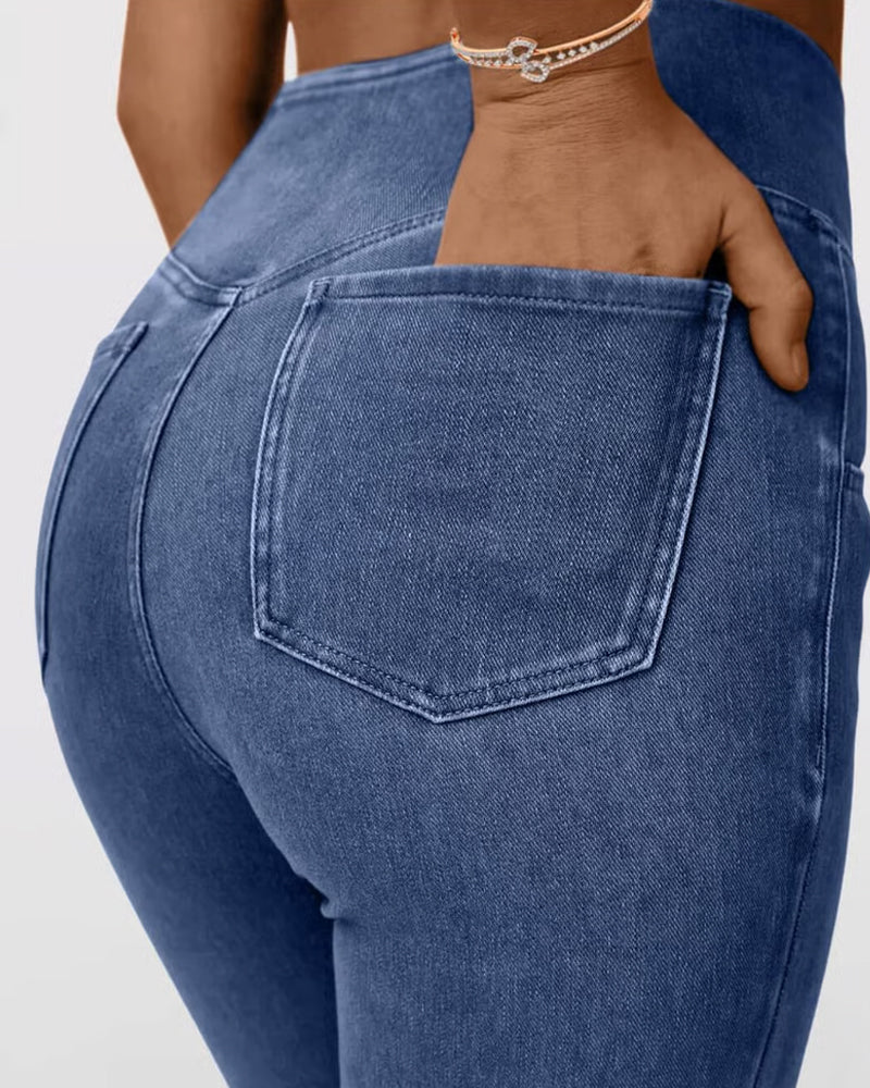 Pantalon Haute Élasticité Mode Poche Évasé