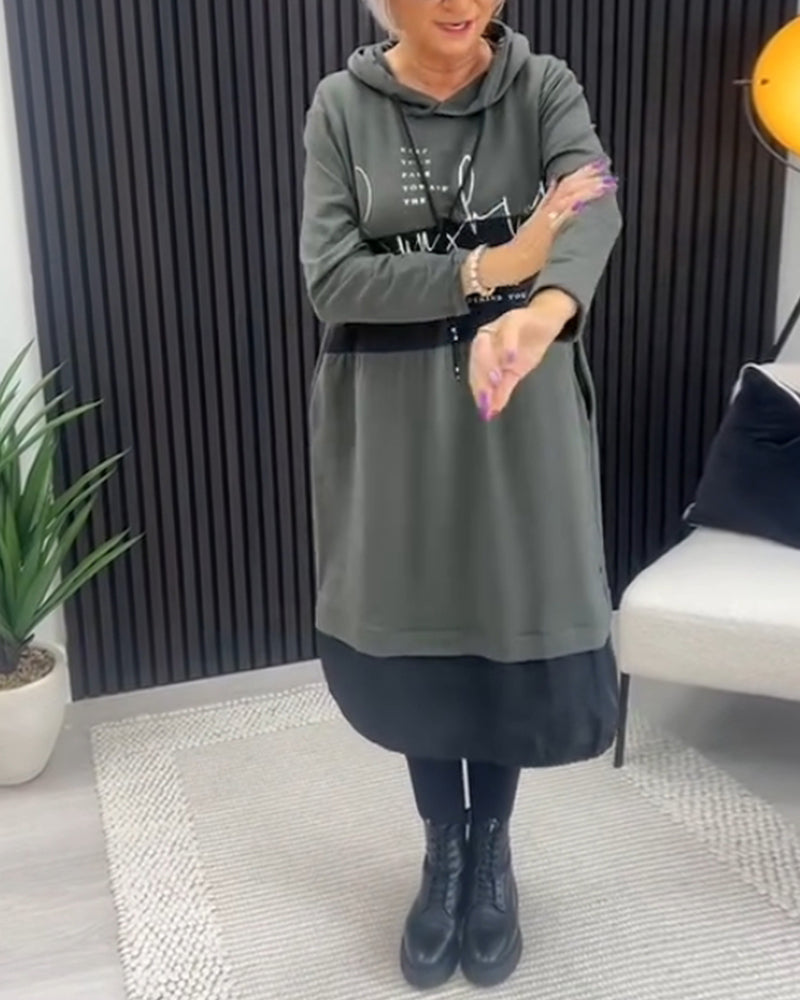 Robe décontractée à capuche avec imprimé lettres en blocs de couleurs et poche
