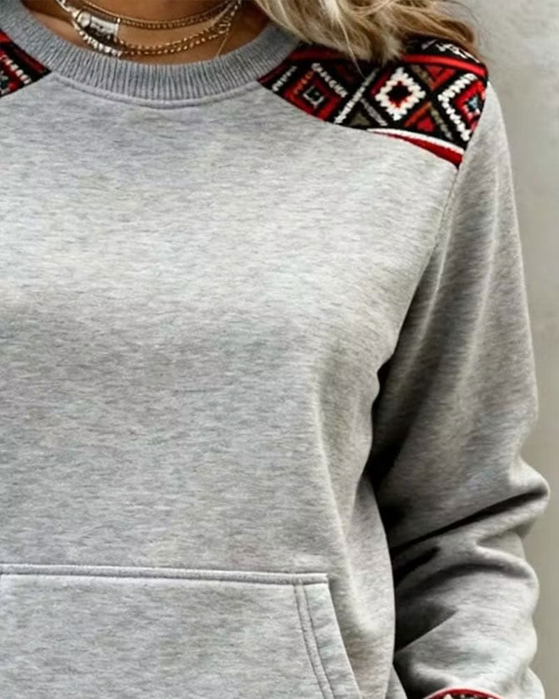 Sweatshirt Col Rond Argyle Bloc De Couleur Poche