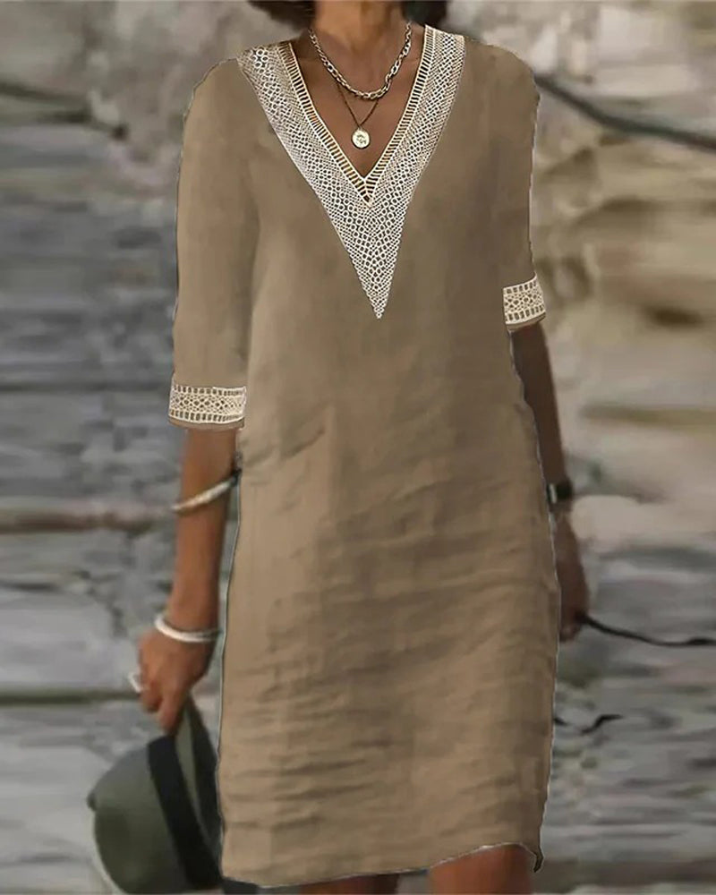 Robe Manche Trois Quarts Col V Dentelle Patchwork