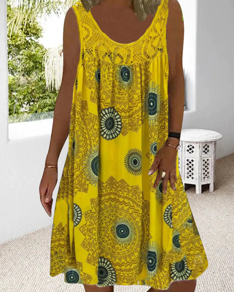 Robe d'été imprimée sans manches à col rond pour femmes