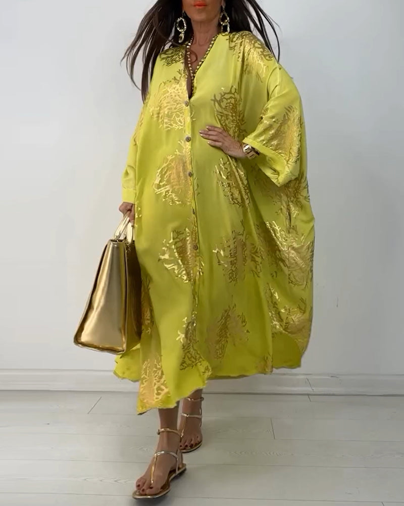 Robe ample boutonnée imprimée à manches longues