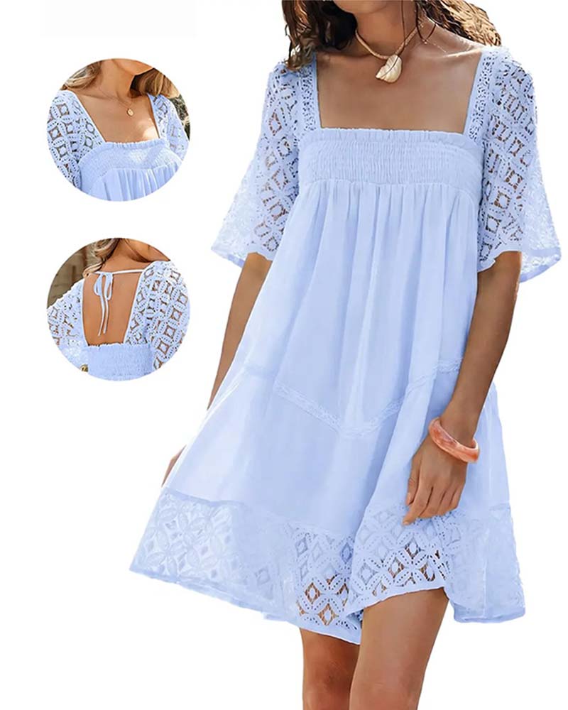 Robe Col Carré Dentelle Patchwork Unie