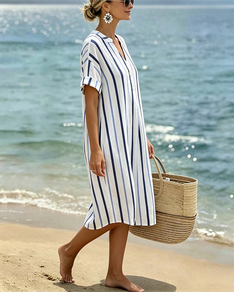 Robe Col V Rayée À Manches Courtes