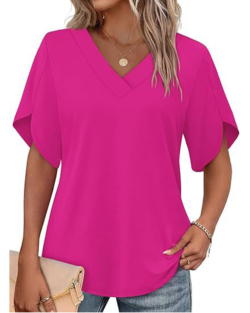 T-Shirt Col En V Petite Fente Manches Courtes Unie