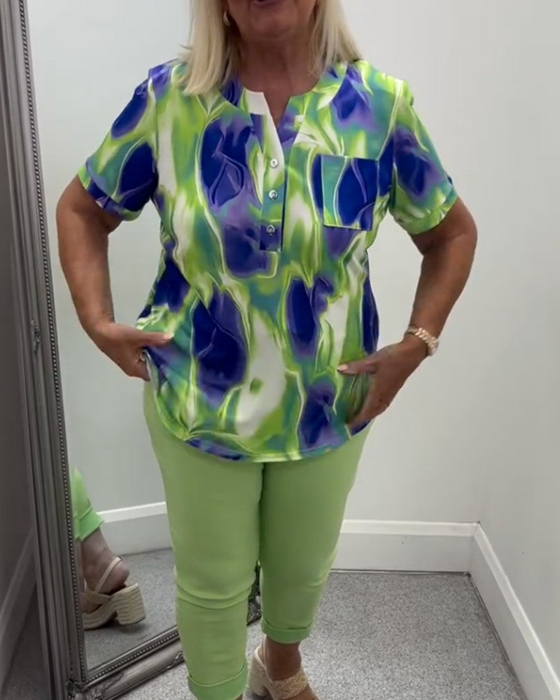 Blouse Col Henley Imprimé Ombre Manches Courtes Poche