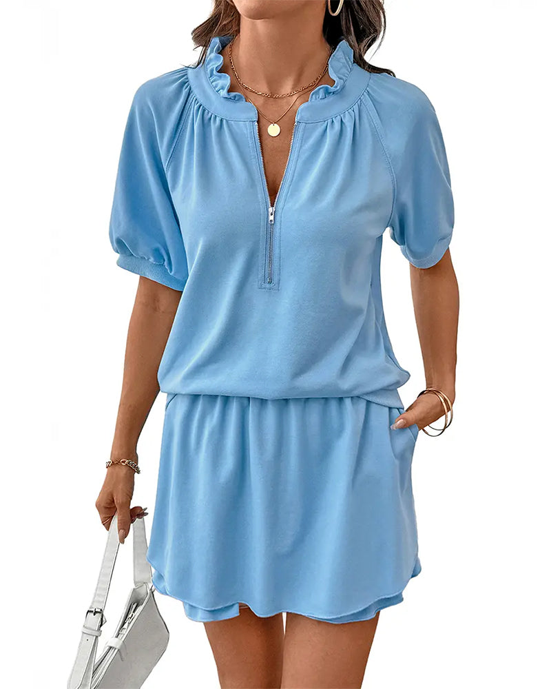 Ensemble Col Volanté Manche Bouffante Blouse Et Jupe