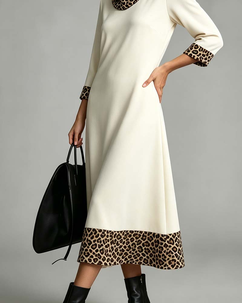 Robe Col Mock Décontracté Léopard Manche Coude