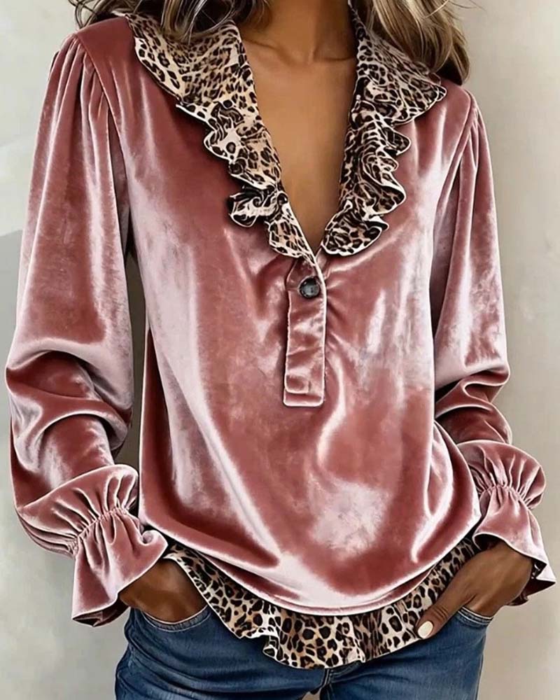 Blouse Col En V Léopard Imprimé Volant Manche