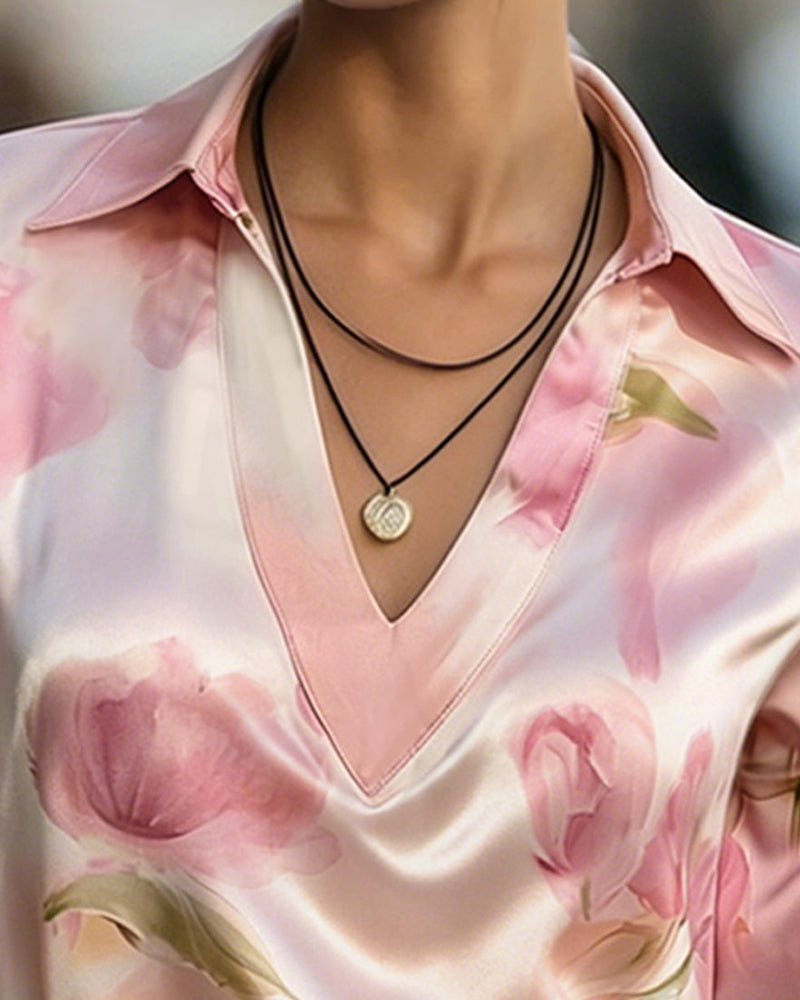 Blouse Revers Col En V Imprimé Fleuri Manches Longues