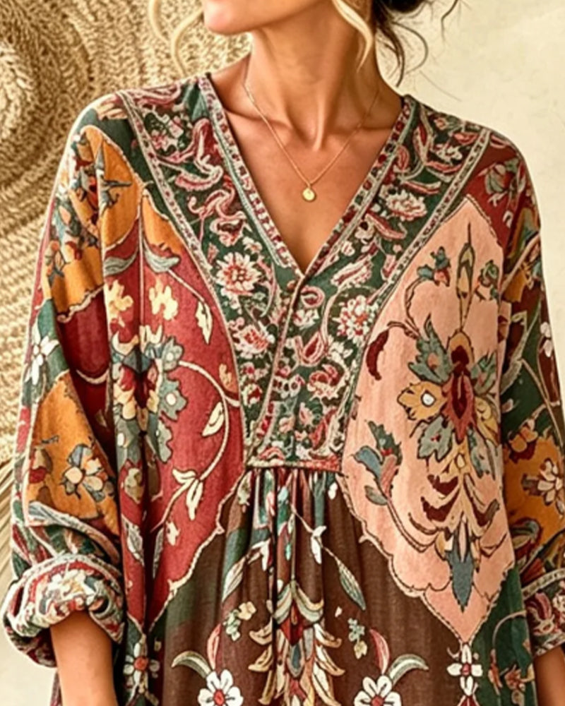 Robe Col V Bohème Manche Longue