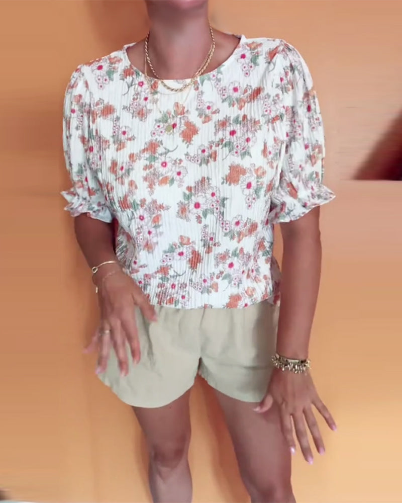 Blouse Col Rond Fleuri Manche Courte