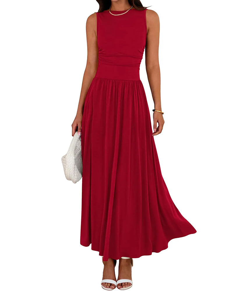 Robe Sans Manches Poche Froncée Longue