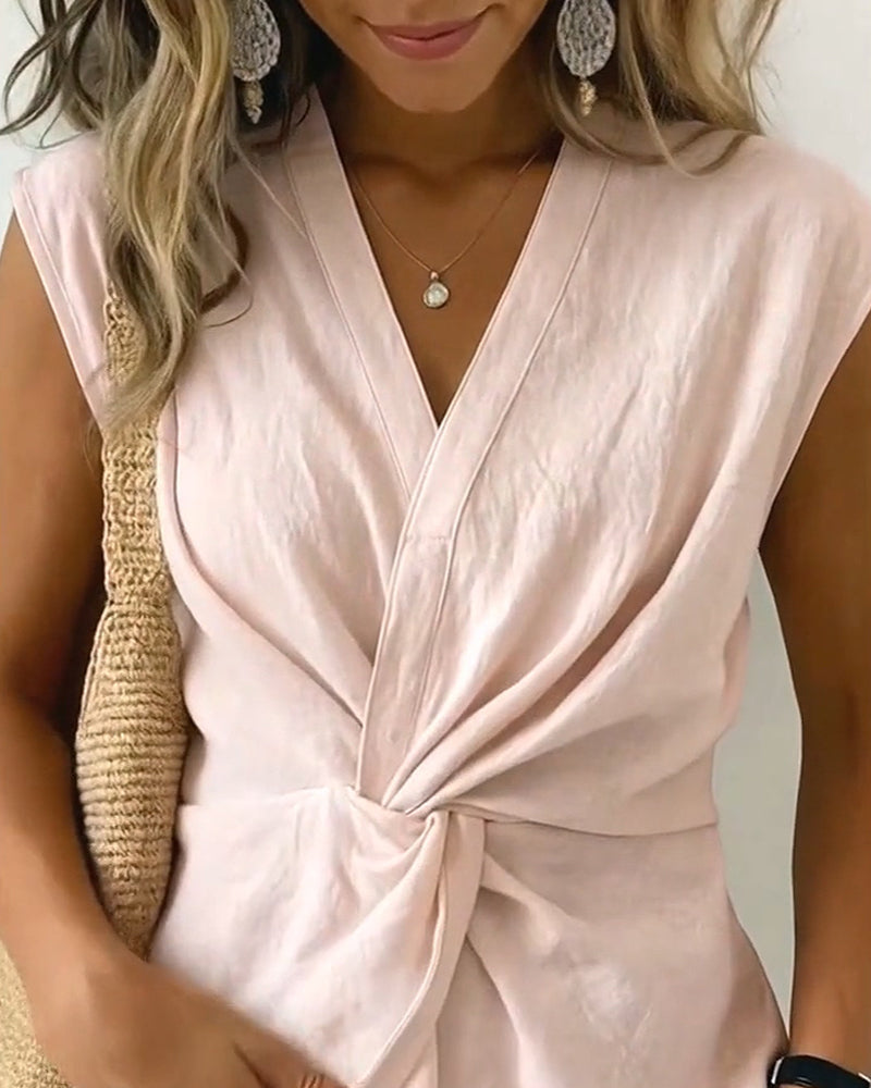 Blouse Nouée Col V Sans Manches