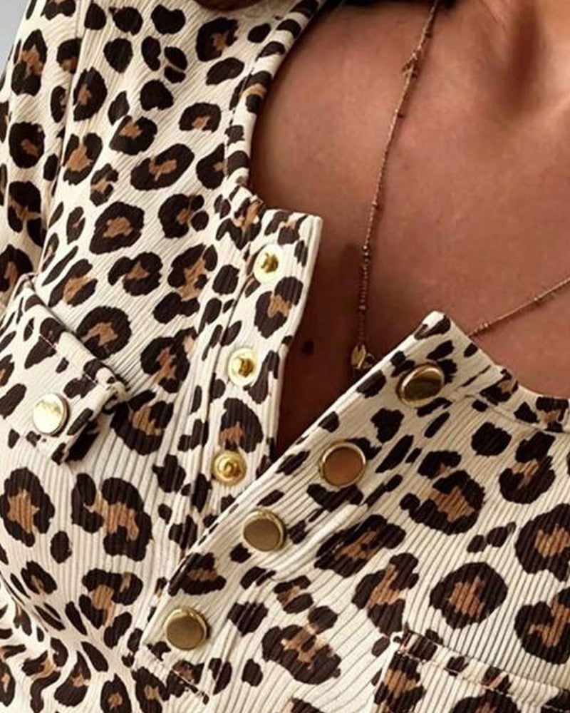 Blouse Col Henley Léopard Imprimé Manches Courtes