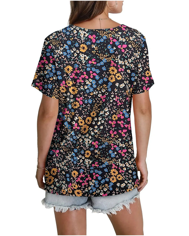 Blouse Fleurie Col V Manches Courtes