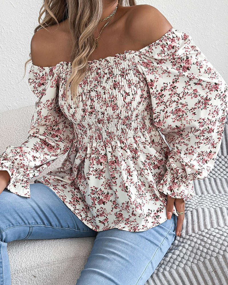 Blouse Col Carré Froncée Fleurie Volant