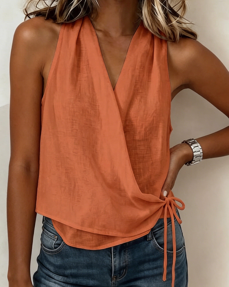 Blouse Unie Sans Manches Encolure Nœud Cou