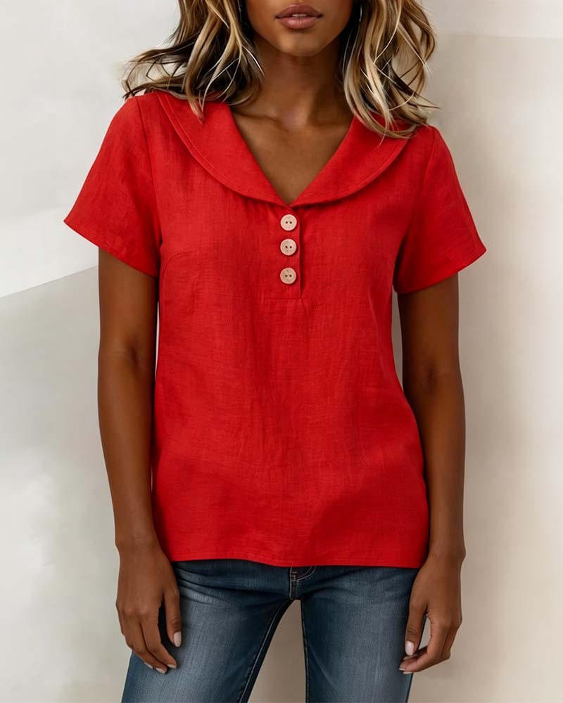 T-Shirt Col En V Col Peter Pan Bouton Manches Courtes