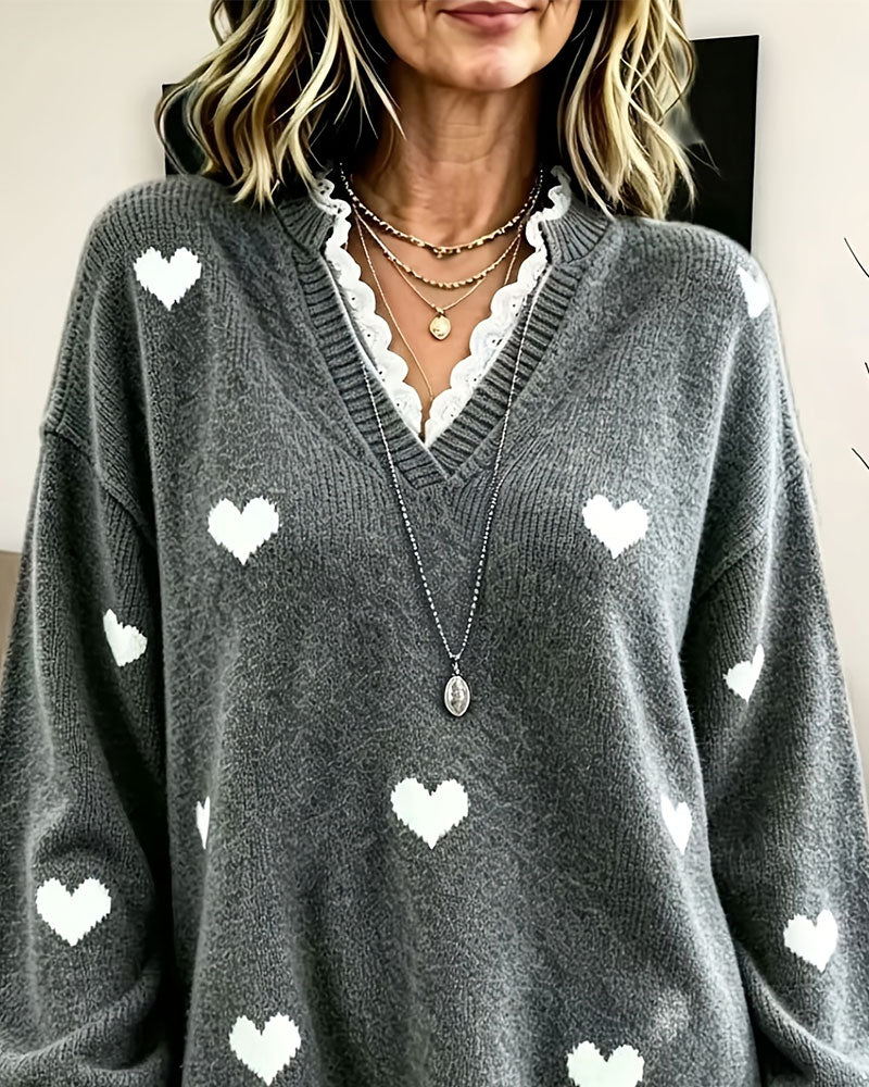 Pull Cœur Imprimé Col V